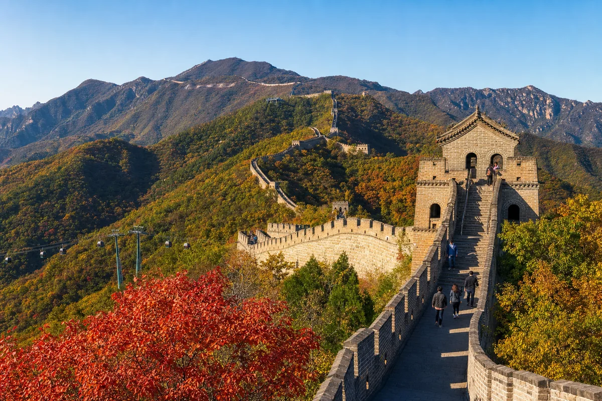 Mutianyu Great Wall winding over forested ridges with watchtowers in autumn