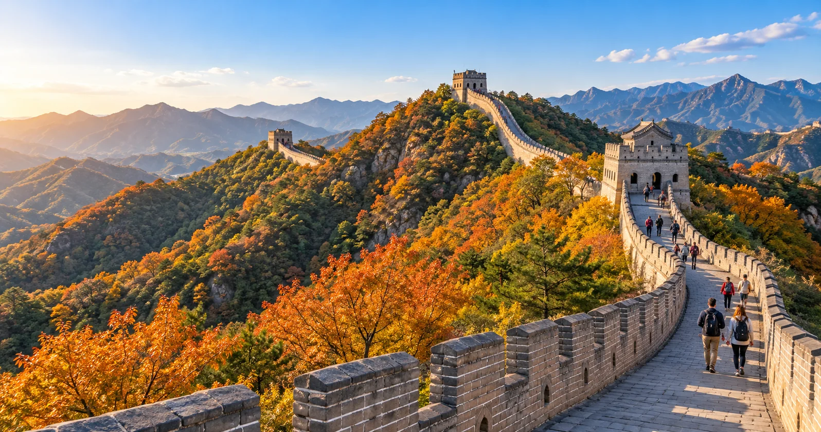 The Great Wall at Mutianyu winding along a forested ridge with several watchtowers in autumn light