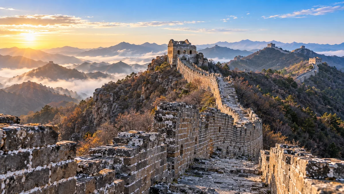 An unrestored stretch of the Great Wall at Jinshanling with crumbling brickwork rising over misty hills