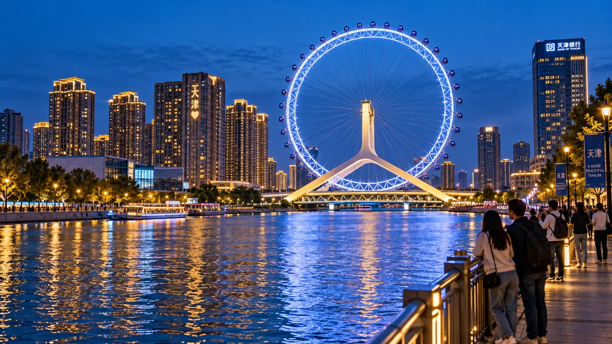 The Tianjin Eye Ferris wheel lit at dusk on its bridge over the Hai River