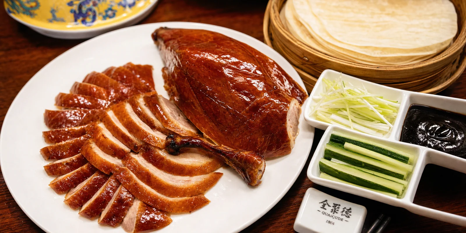 Sliced Peking duck with crispy skin, thin pancakes, scallions and sweet bean sauce on a Beijing restaurant table