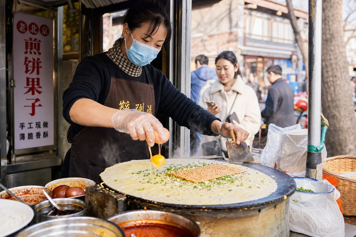 Street vendor cooking jianbing savory crepe on a griddle at a Beijing food stall