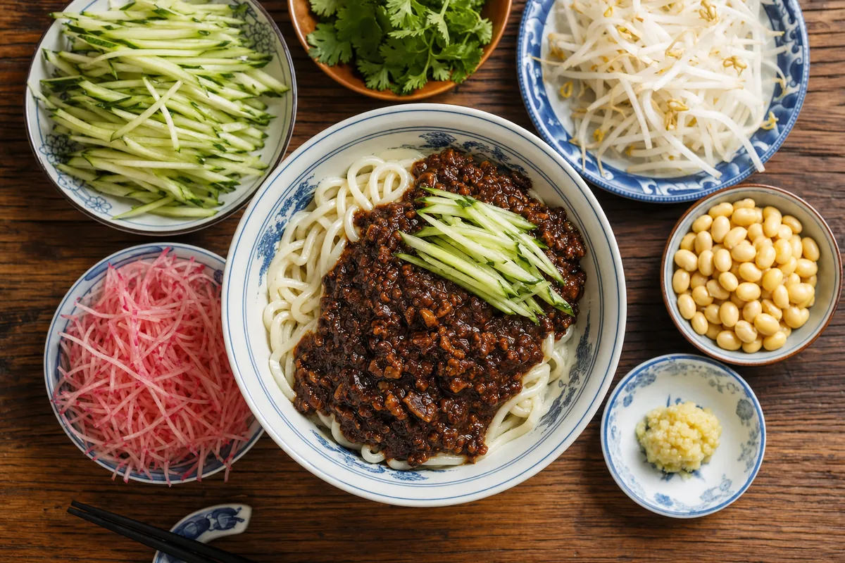 Bowl of old Beijing zhajiangmian noodles with bean sauce and fresh vegetable toppings