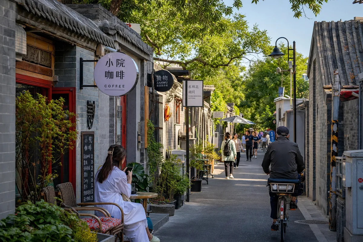 Small restaurants and diners along a Beijing hutong alley with gray brick walls