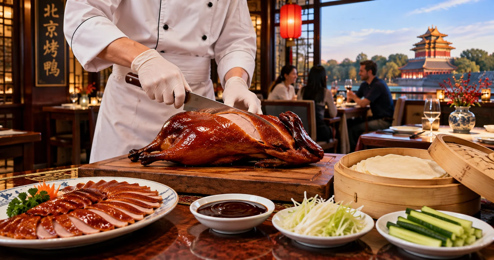 A chef carving a lacquered Peking duck at the table, with thin pancakes, sweet bean sauce and scallion on the side