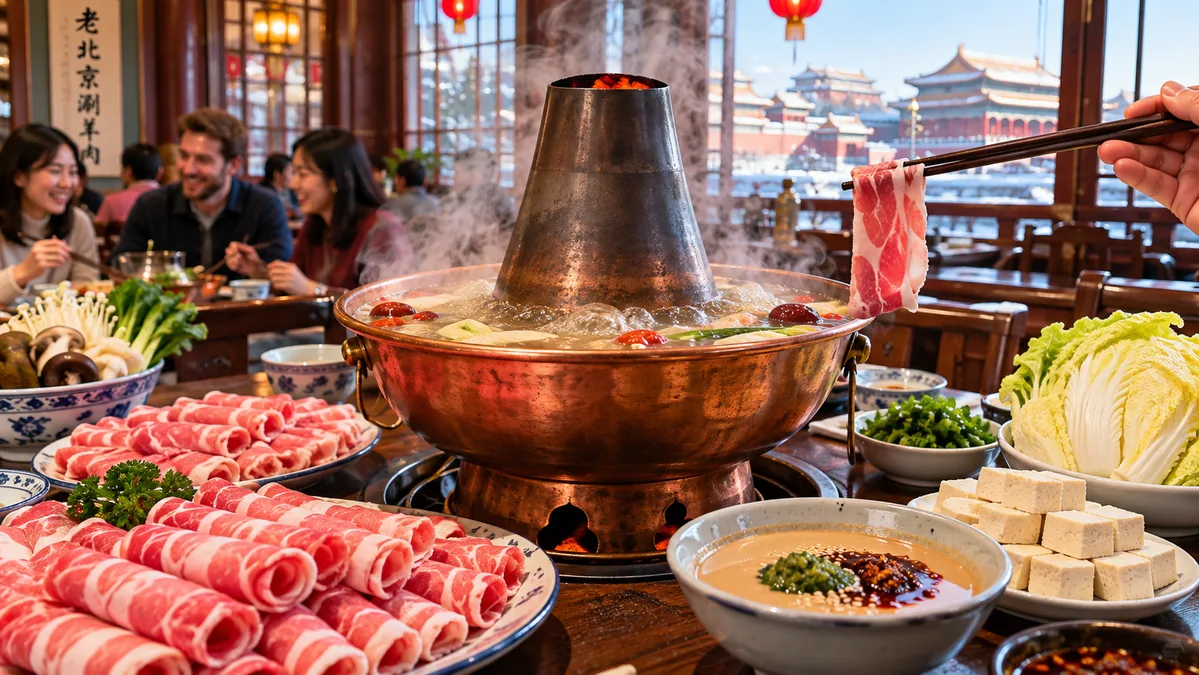 A traditional Beijing copper hotpot with a charcoal chimney, plates of paper-thin lamb slices and a bowl of sesame sauce