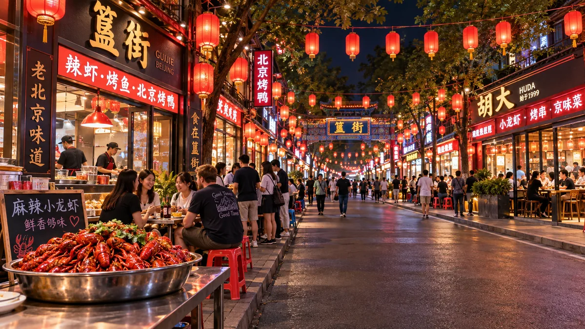 Guijie (Ghost Street) at night in Beijing, red lanterns strung along the restaurant fronts and diners queuing outside