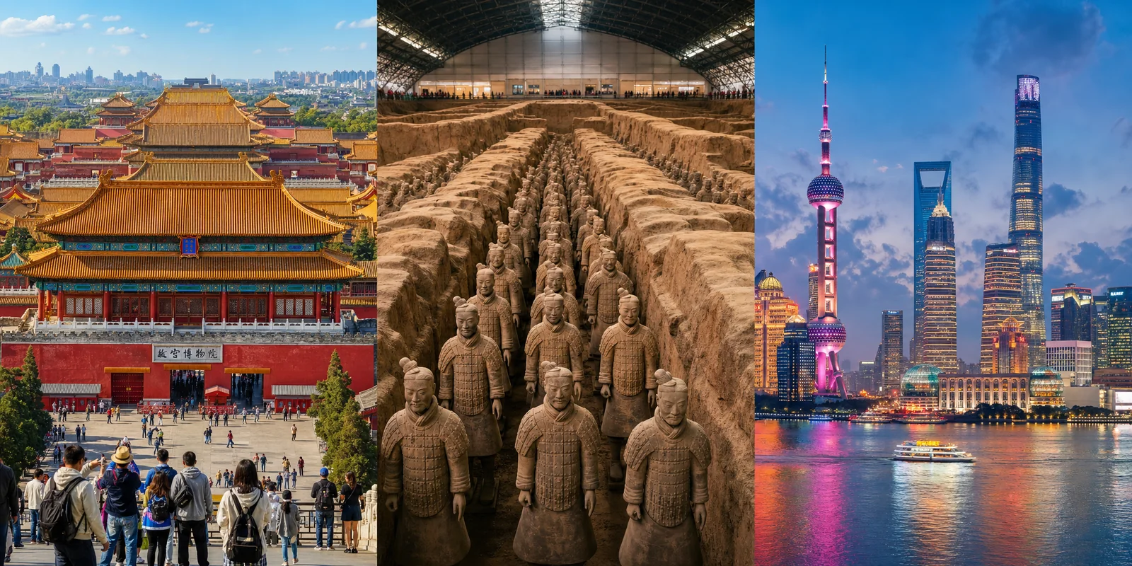 Beijing Forbidden City, Xian Terracotta Army, and Shanghai skyline showing the classic China route