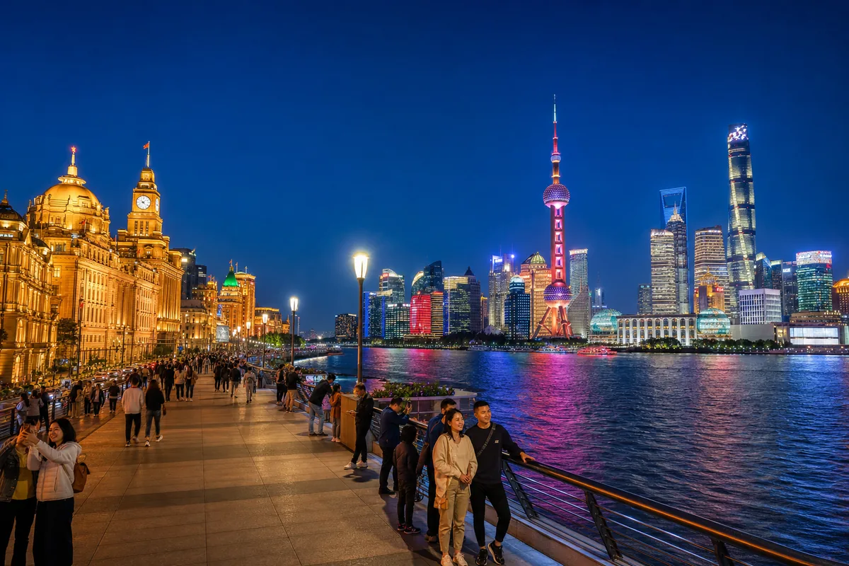 Shanghai's Bund waterfront at night with the lit Pudong skyline across the river