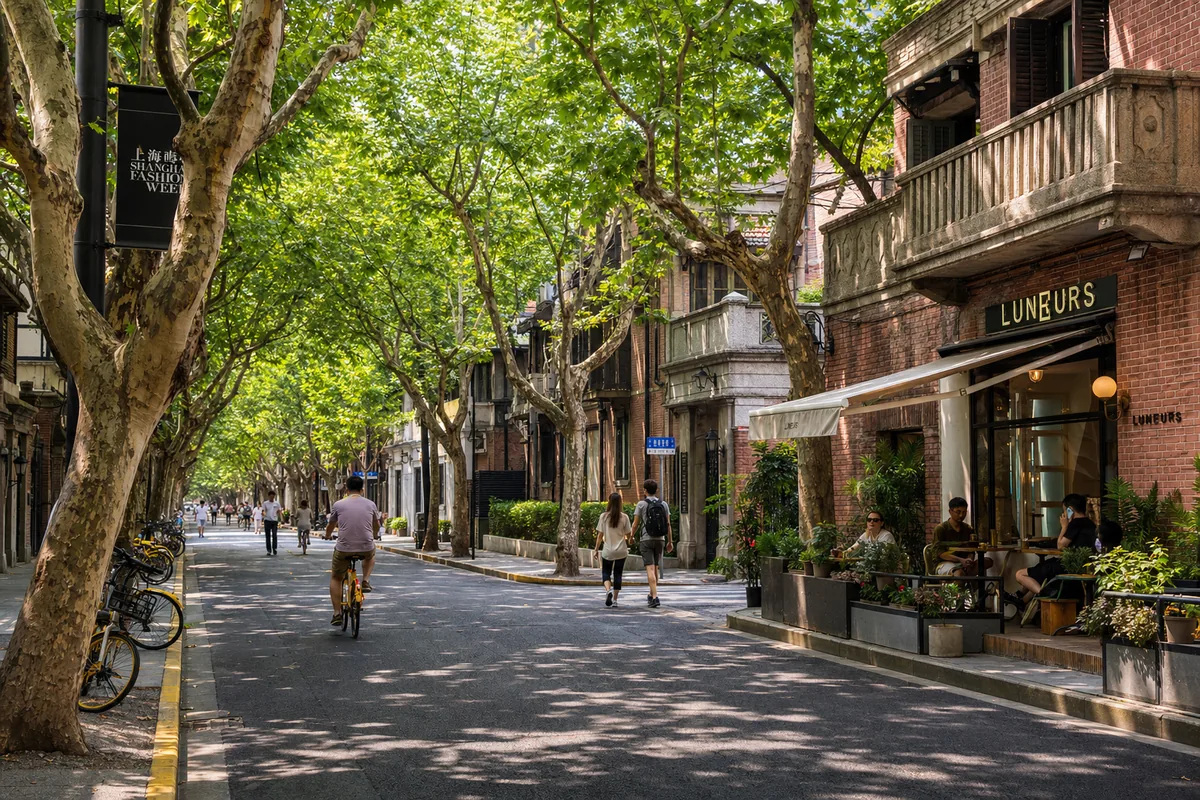 Tree-lined street in Shanghai's former French Concession with old lane houses