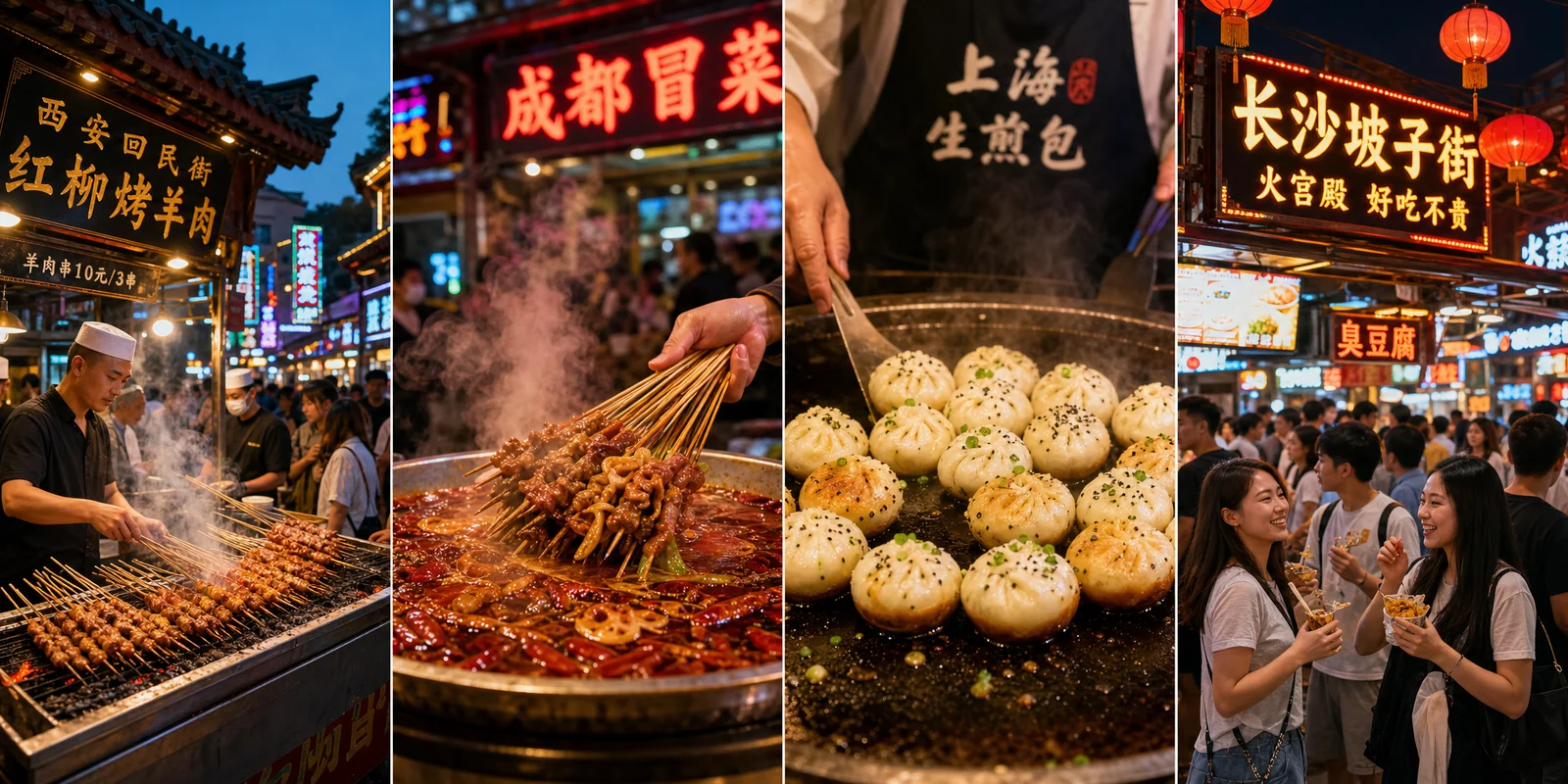 Collage of Chinese street food scenes from Xi'an, Chengdu, Shanghai and Changsha night markets