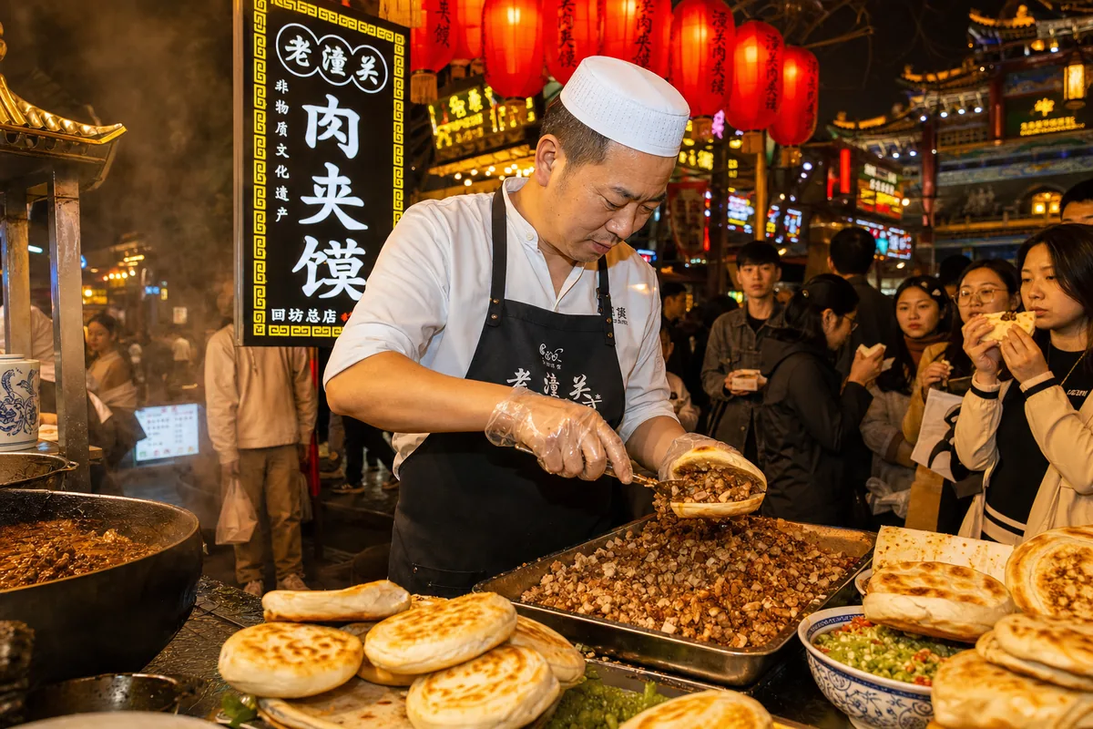 Roujiamo stuffed flatbread and biangbiang noodles at a Xi'an Muslim Quarter stall