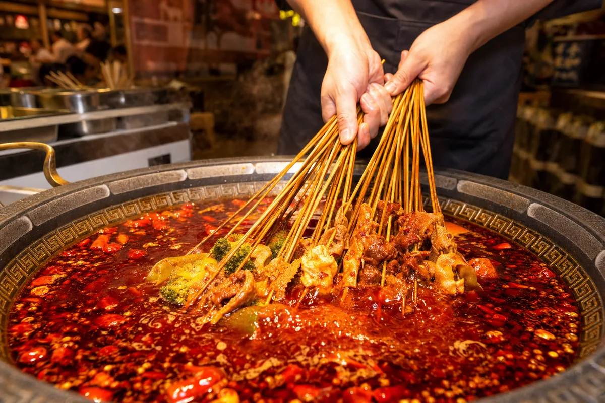 Sichuan skewers cooking in spicy red mala broth in Chengdu