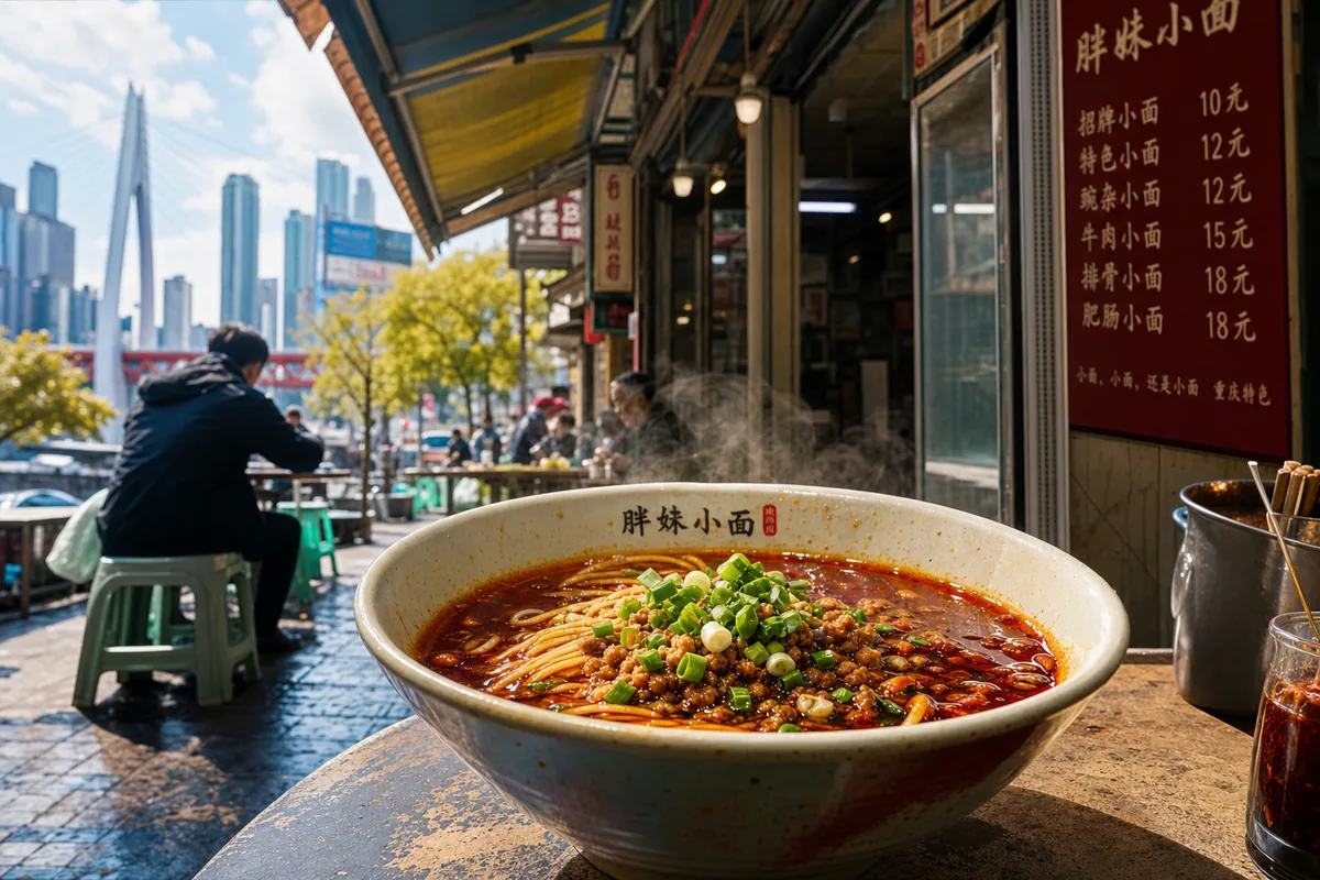 A bowl of spicy Chongqing xiaomian noodles at a street-side stall