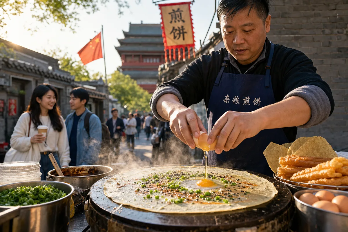 A vendor making jianbing savory crepe at a Beijing breakfast stall