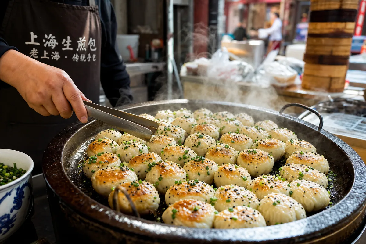 Pan-fried shengjianbao soup buns with crispy bottoms in a Shanghai pan