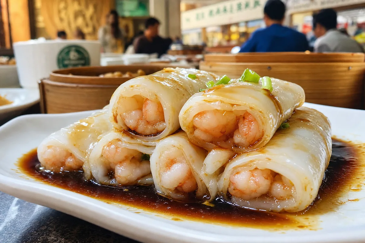 Cantonese cheung fun rice noodle rolls drizzled with soy sauce in Guangzhou