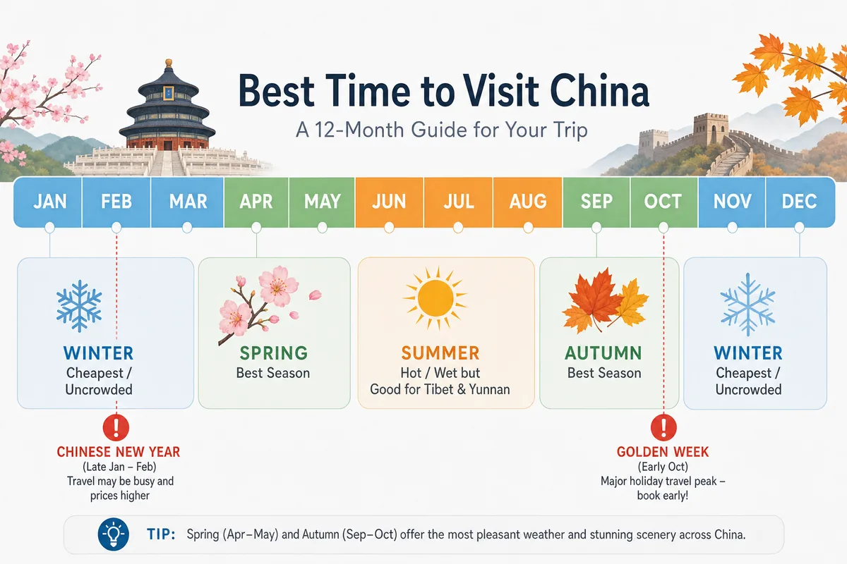 Infographic timeline showing the best months to visit China by season, with peak periods and holidays to avoid marked