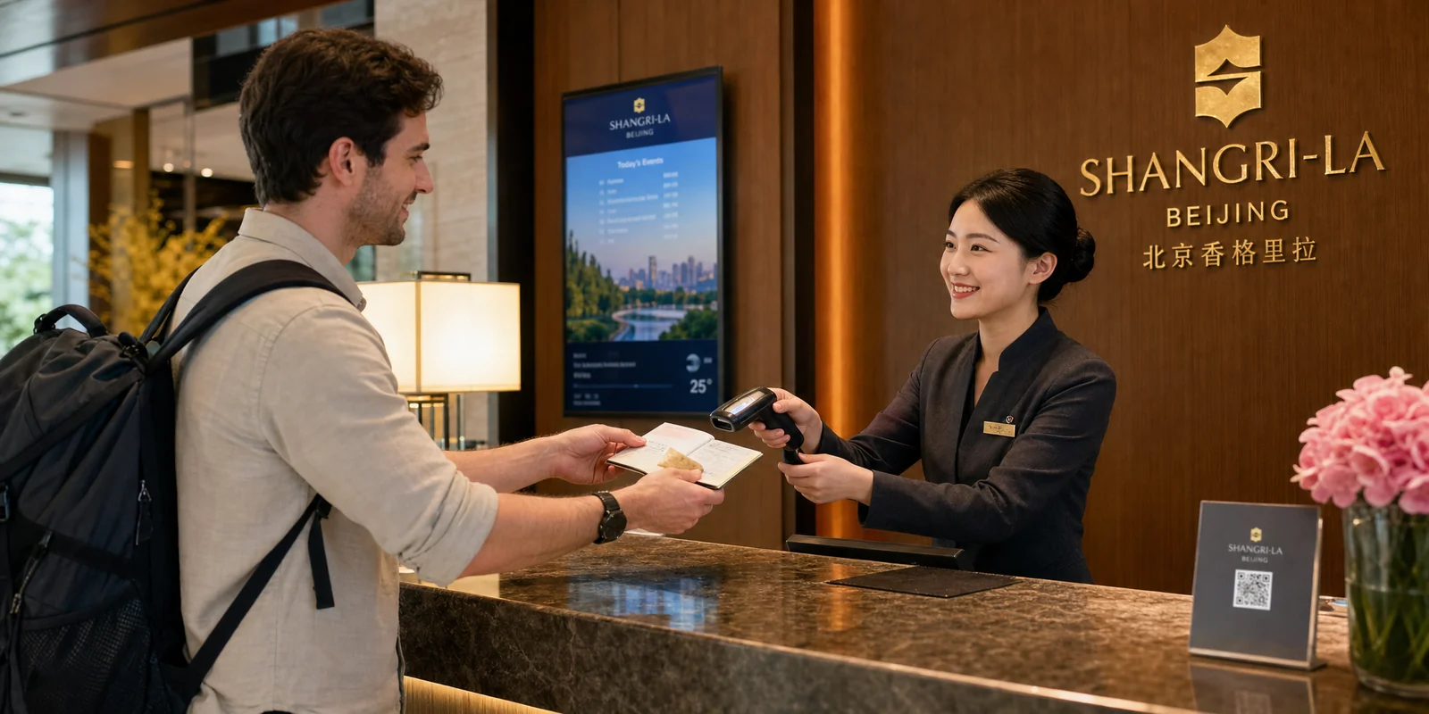 Foreign traveler handing a passport to a hotel front desk clerk for check-in registration in China