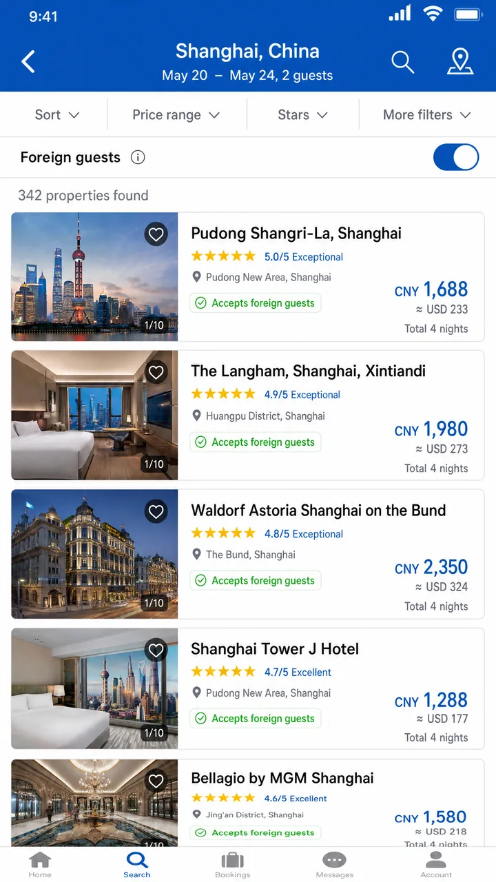 Hotel booking app on a phone screen showing China hotels and a foreign-guest filter option