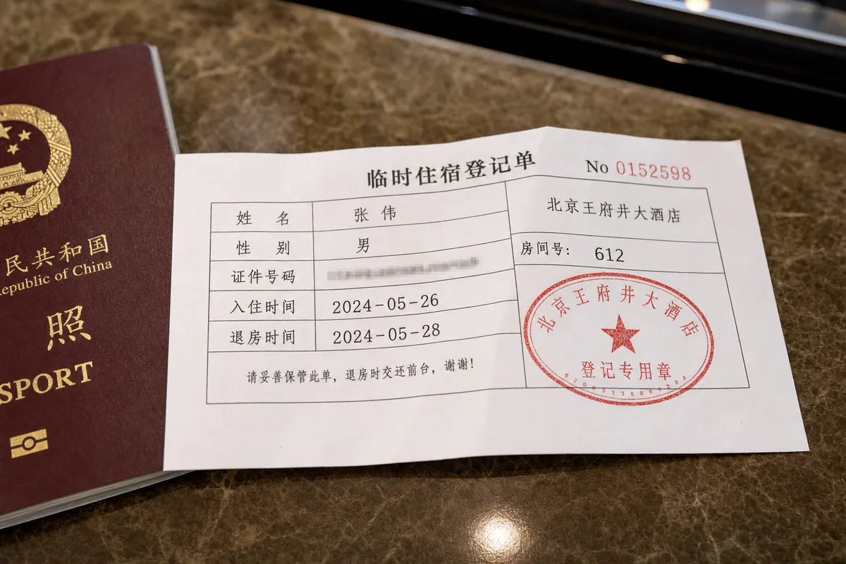 Temporary residence registration slip from a Chinese hotel with stamp and check-in dates