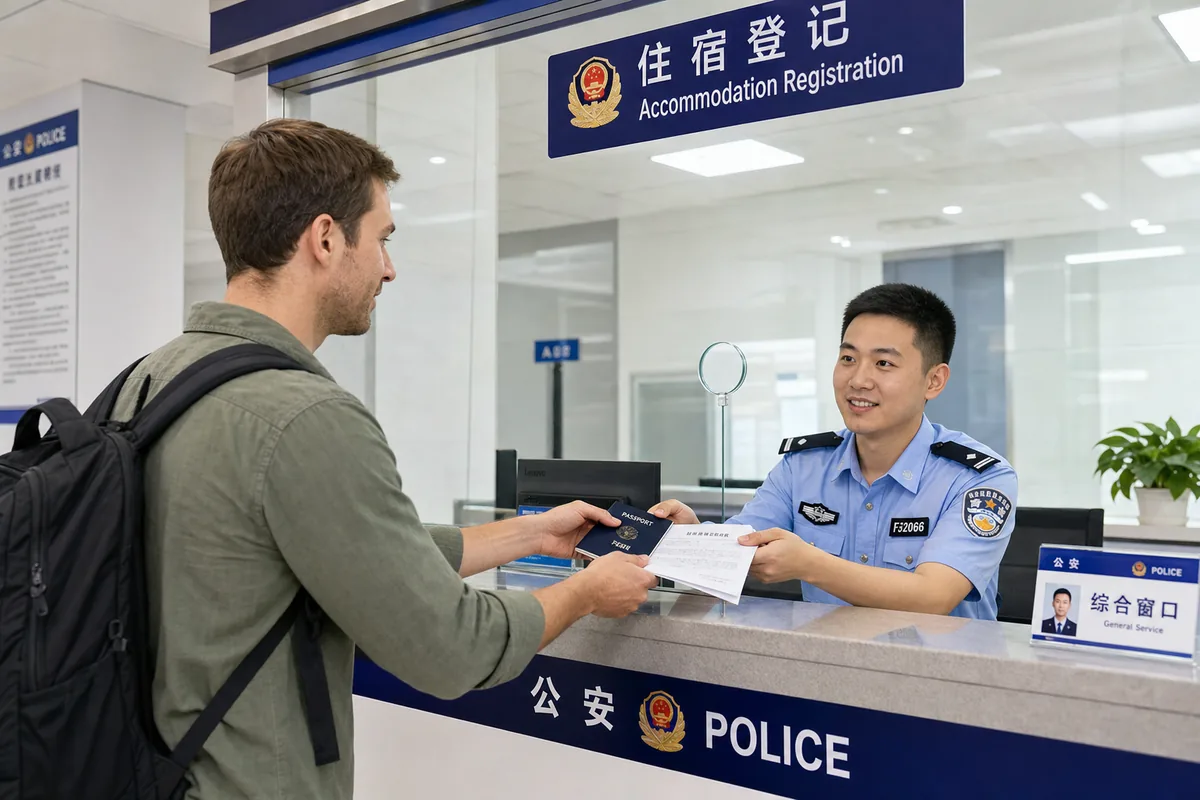 Foreigner registering accommodation at a local police station service counter in China