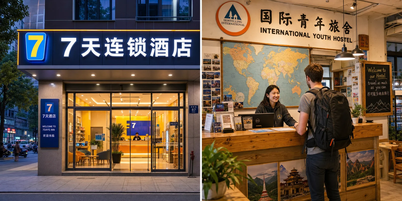 Budget chain hotel facade and a hostel reception desk in China, representing cheap accommodation options