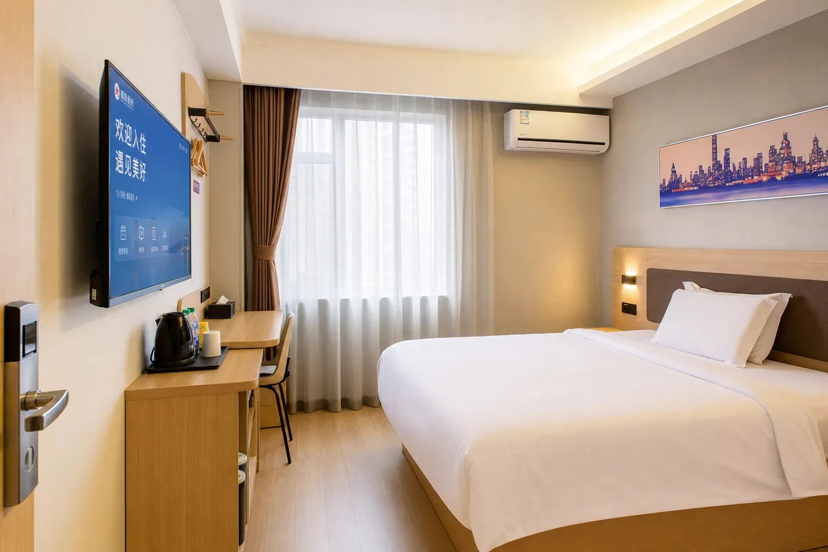 Interior of a clean Chinese budget chain hotel standard room with bed, TV, kettle and air conditioning
