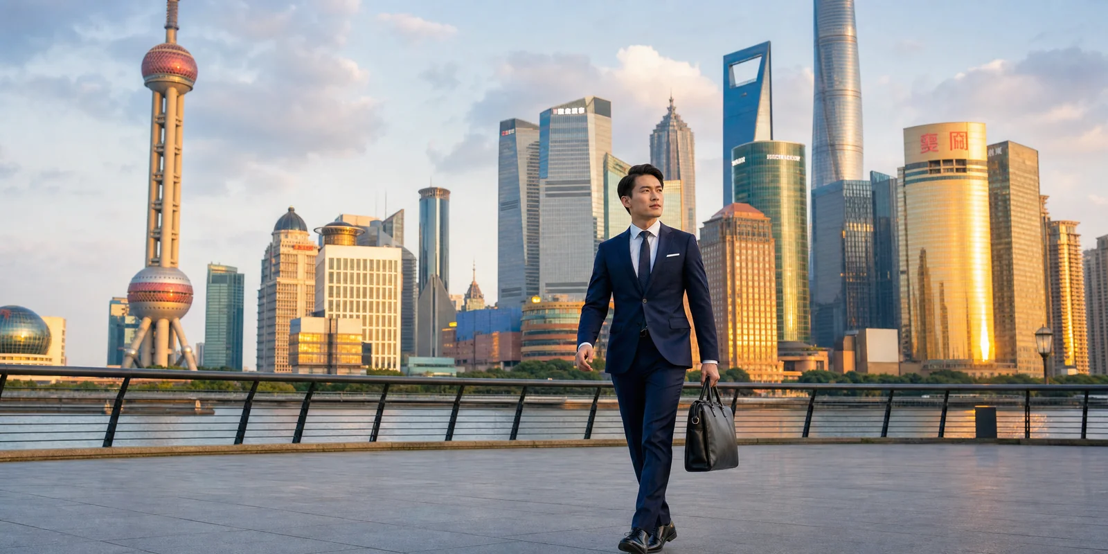 Business traveler with briefcase walking through Shanghai's Lujiazui financial district at dusk