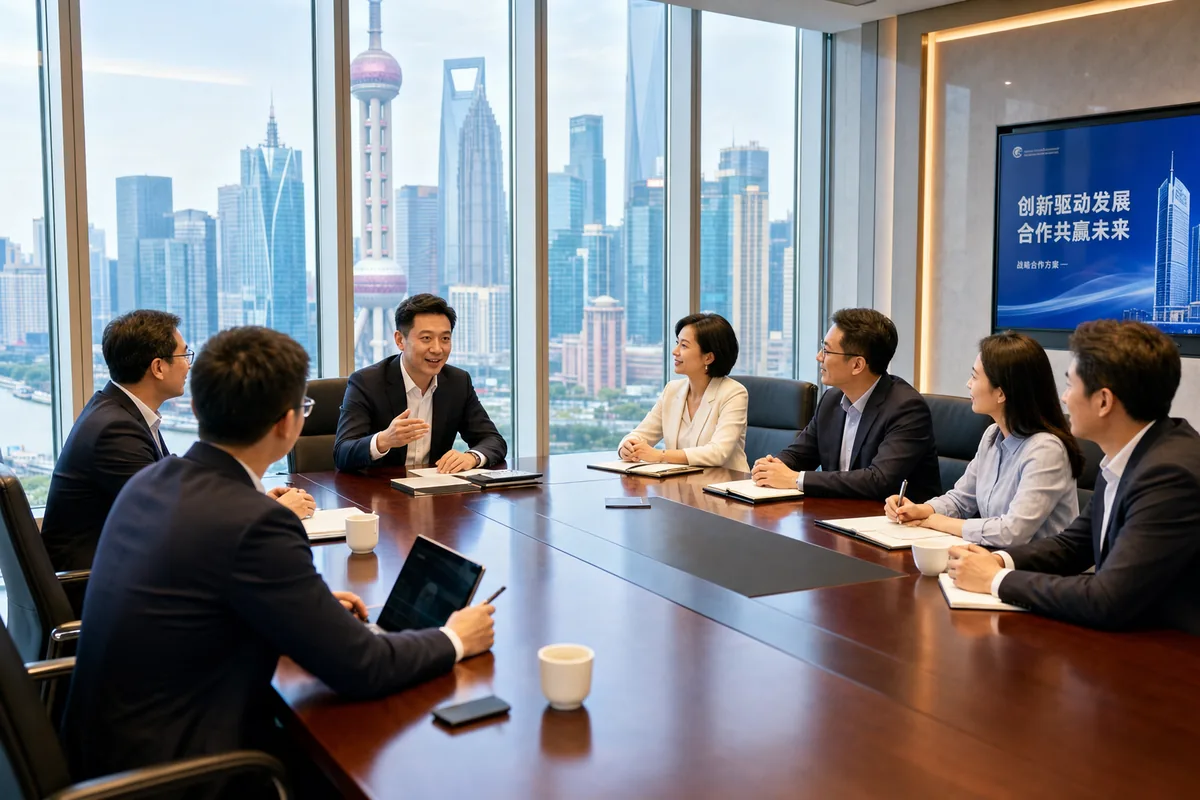 Business professionals meeting around a conference table in a modern Chinese office