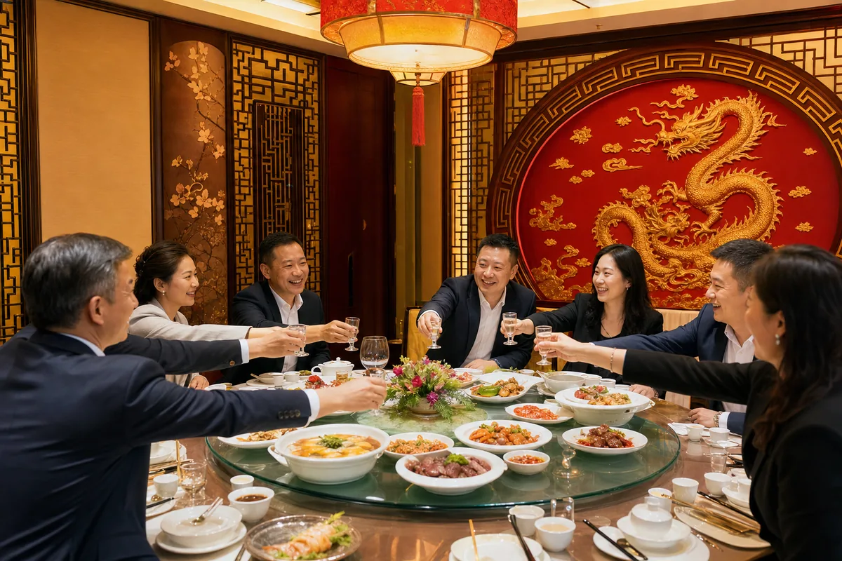 Guests raising glasses for a toast at a Chinese business banquet with a round table and shared dishes