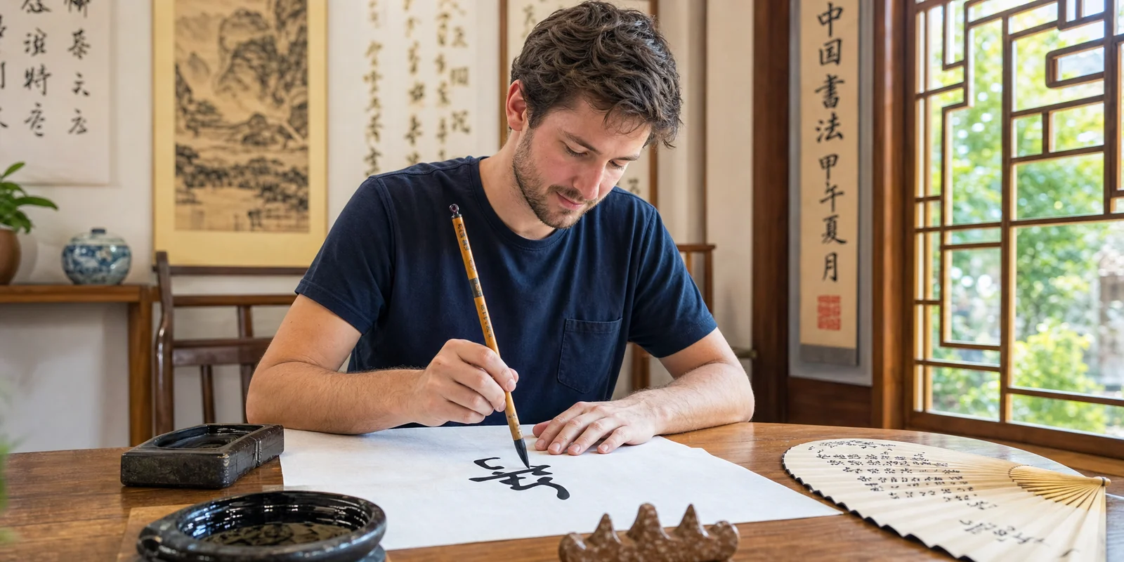 A beginner holding a Chinese calligraphy brush over rice paper in a workshop, with ink and inkstone on the table