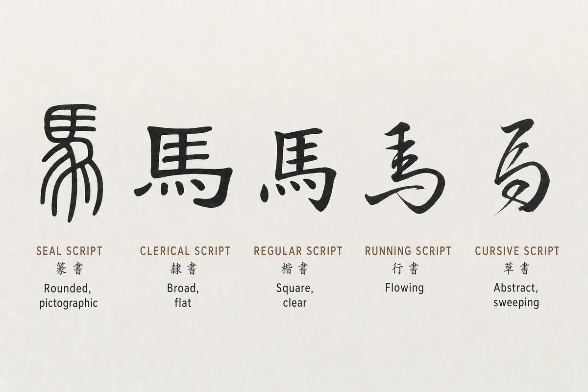 Five Chinese calligraphy script styles compared side by side, from seal script to cursive