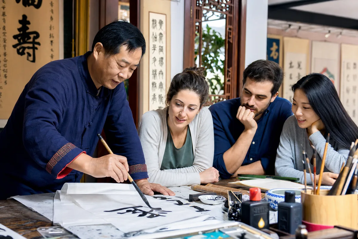 A calligraphy instructor demonstrating brush strokes while a small group of students watches