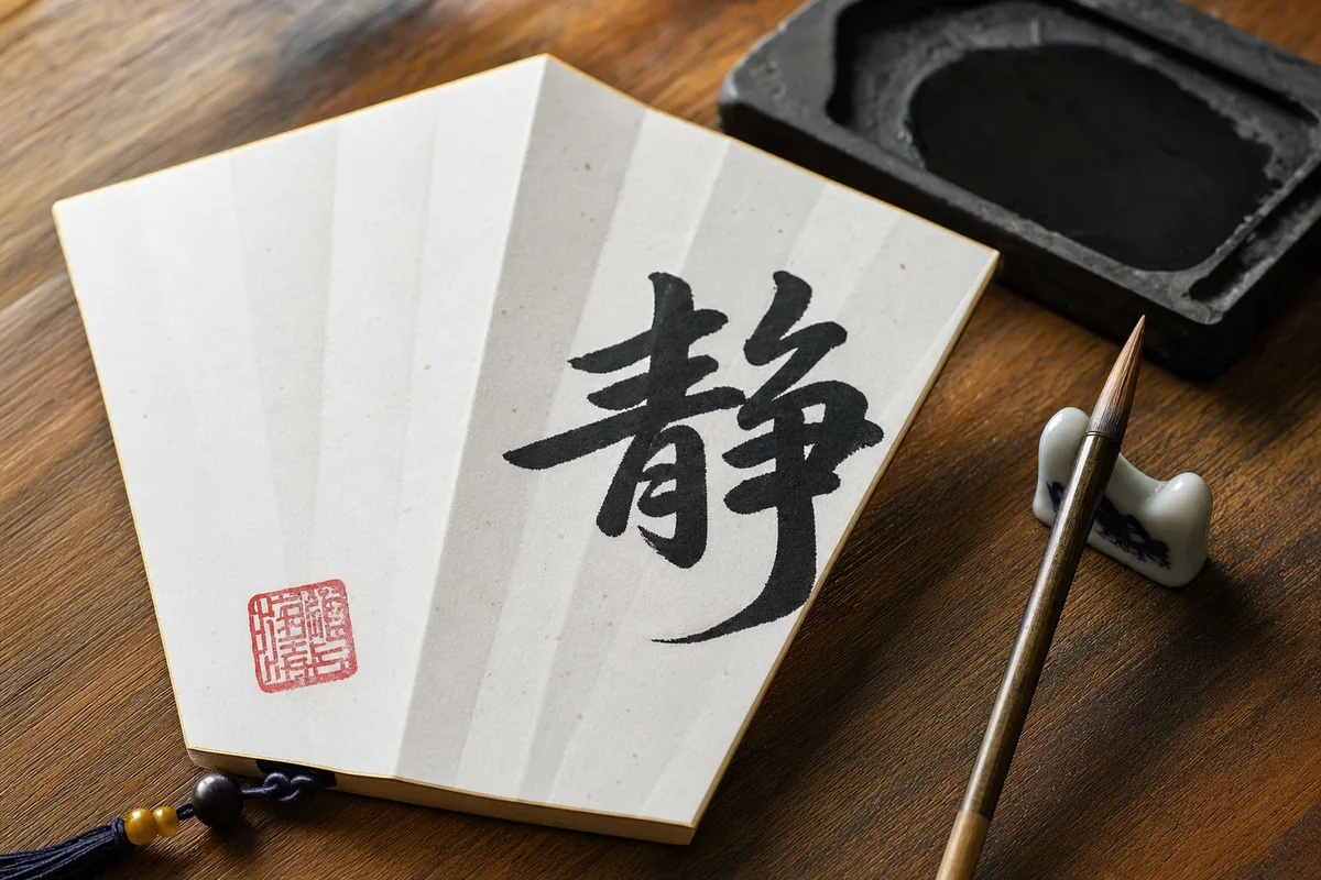 A finished calligraphy folding fan with a Chinese character and a red seal stamp