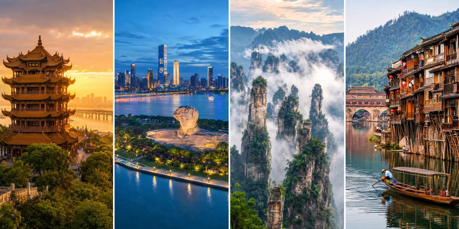 Central China itinerary collage showing Wuhan Yellow Crane Tower, Changsha riverfront, Zhangjiajie sandstone peaks, and Fenghuang riverside town