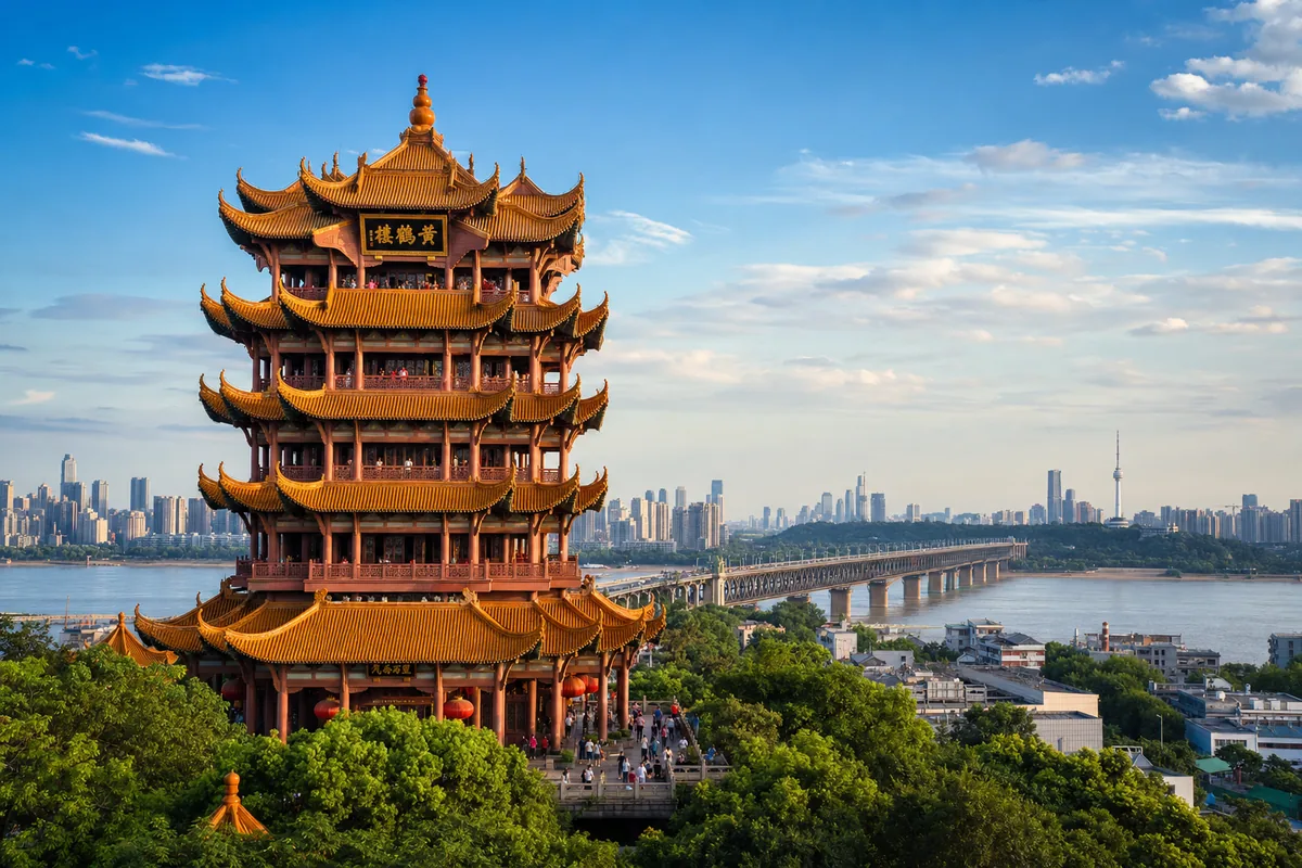 Yellow Crane Tower in Wuhan overlooking the Yangtze River and bridge