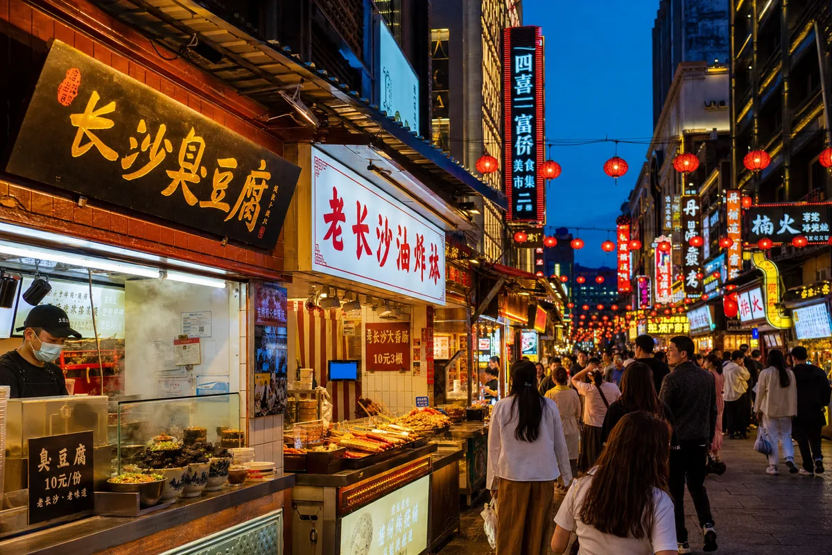 Lively Changsha night food street with stalls and red lanterns