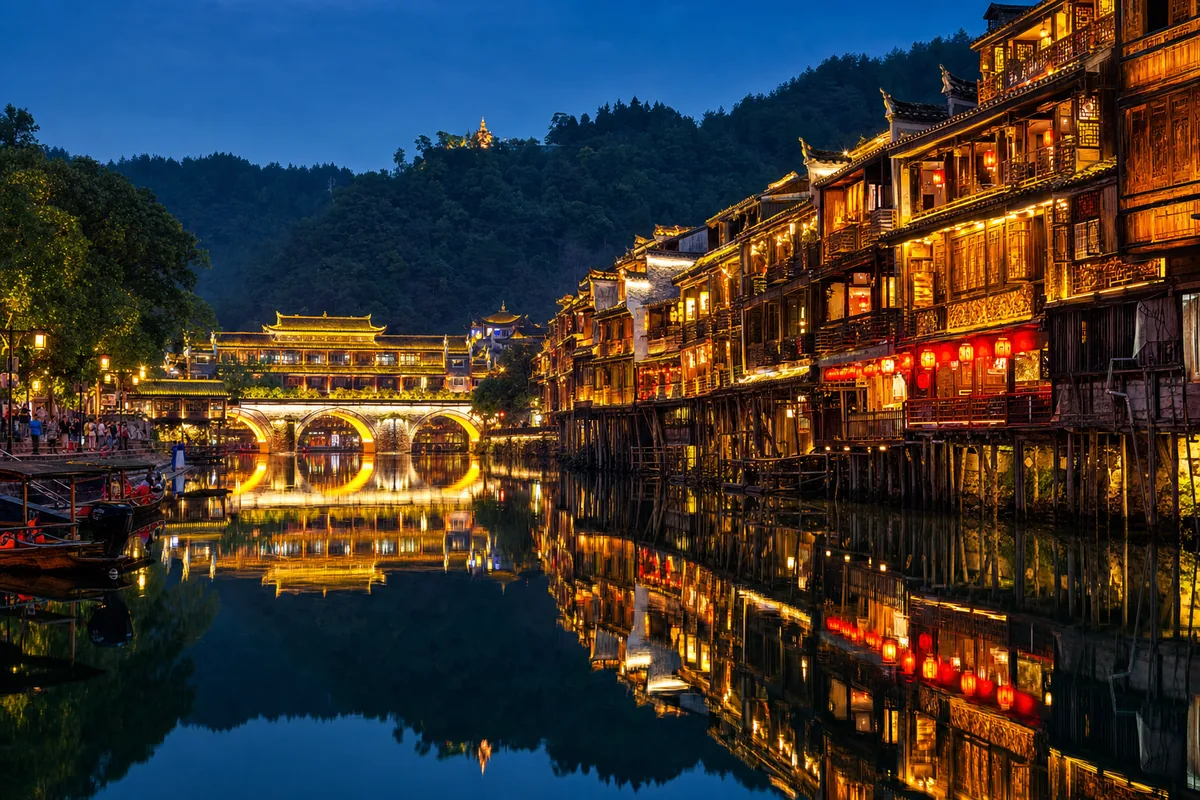 Fenghuang ancient town stilted houses lit up at night along the Tuo River
