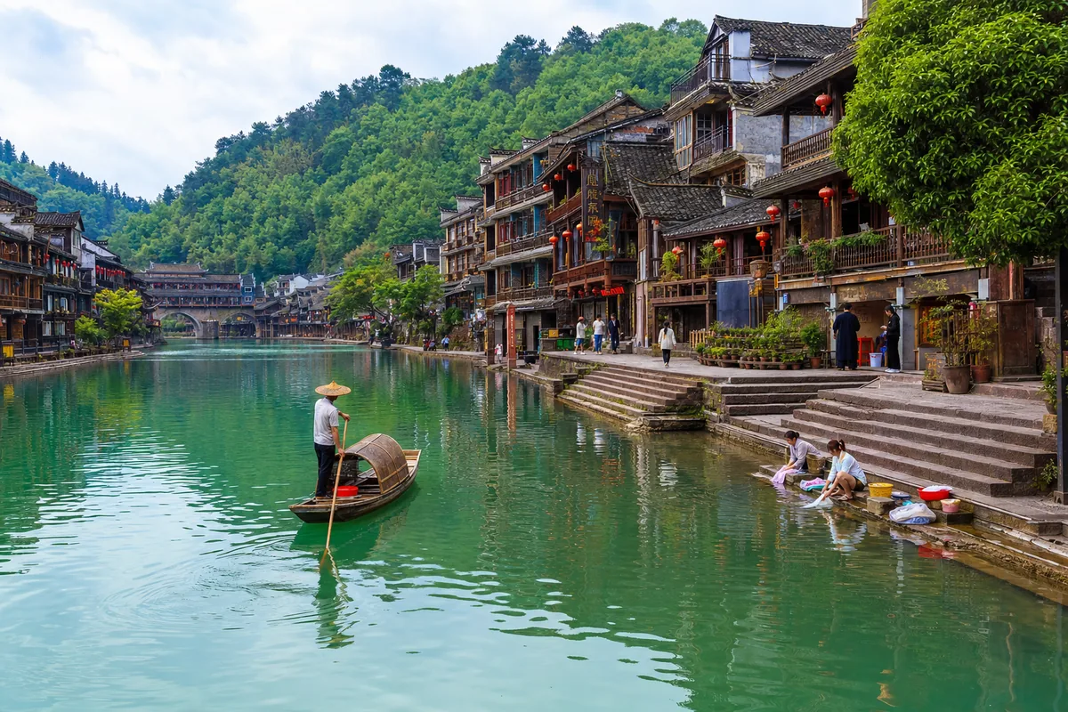 Wooden boat drifting along the Tuo River past old Fenghuang riverside houses by day