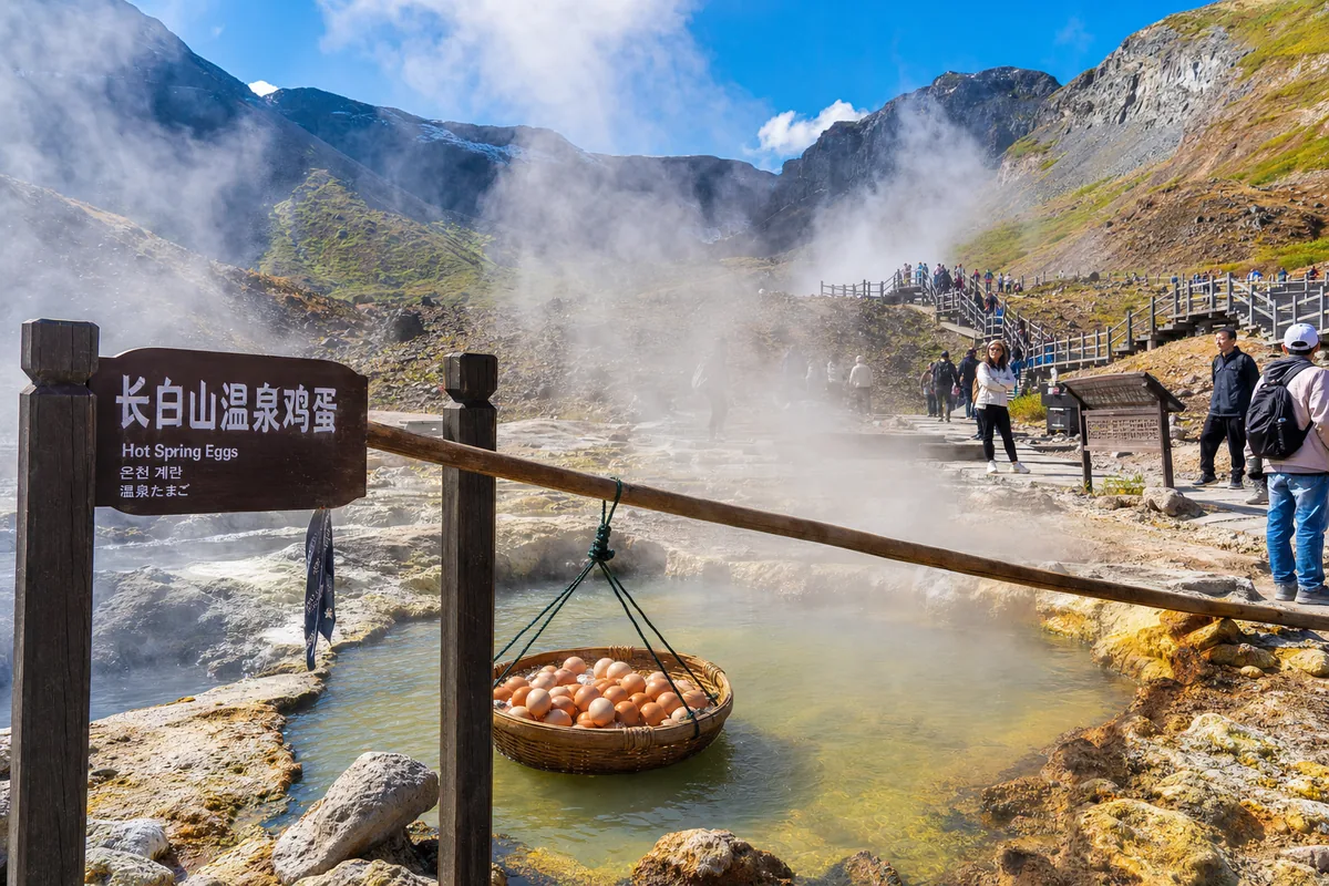 Geothermal hot spring field at Changbaishan where eggs are cooked in steaming mineral water