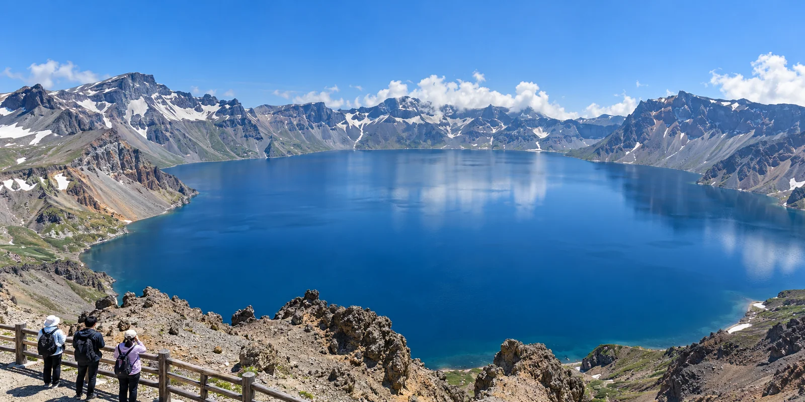 Tianchi crater lake on Changbai Mountain seen from the north rim viewing area, deep blue water ringed by bare volcanic peaks