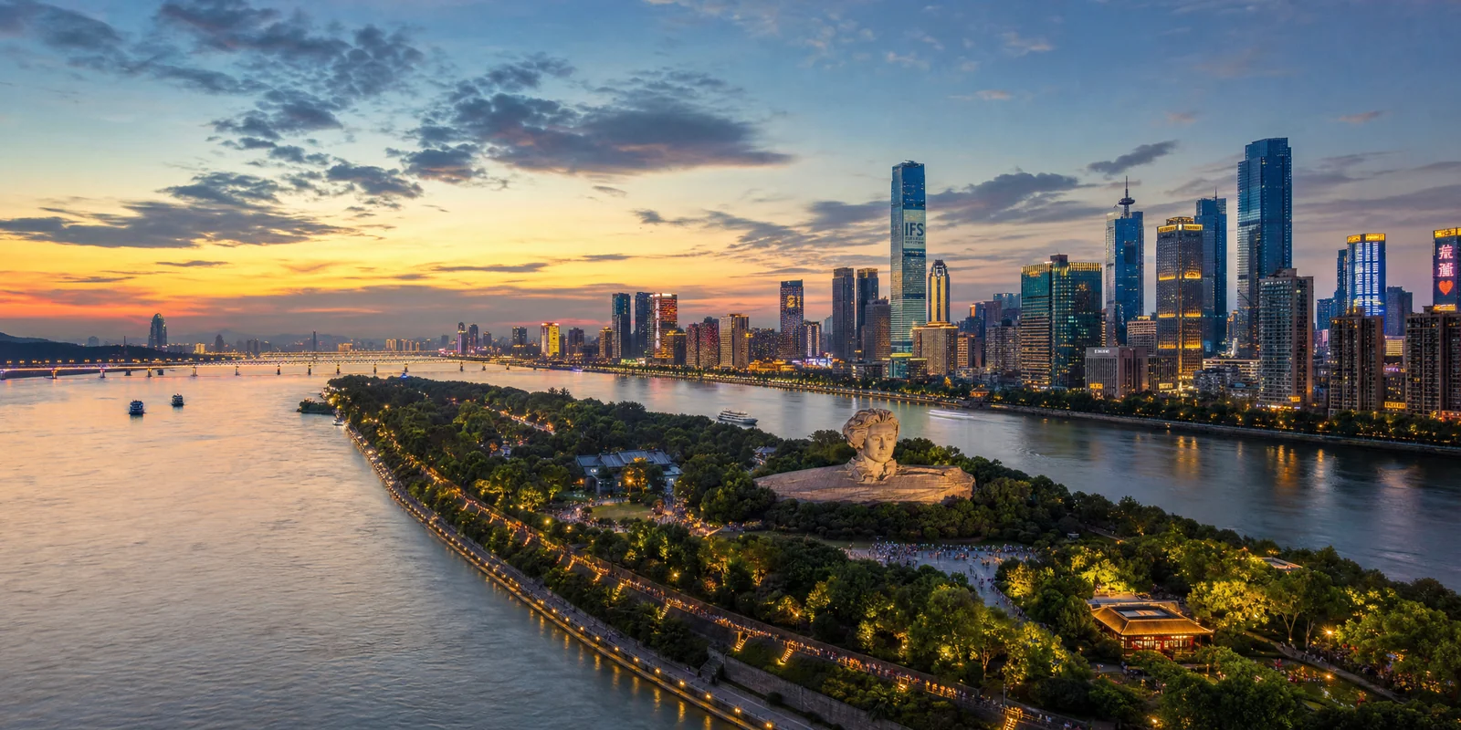 Changsha skyline and the Xiang River at dusk seen from Orange Island