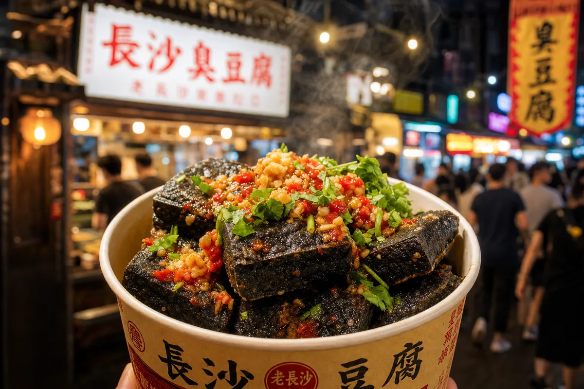Changsha black stinky tofu topped with chili and garlic sauce at a street stall