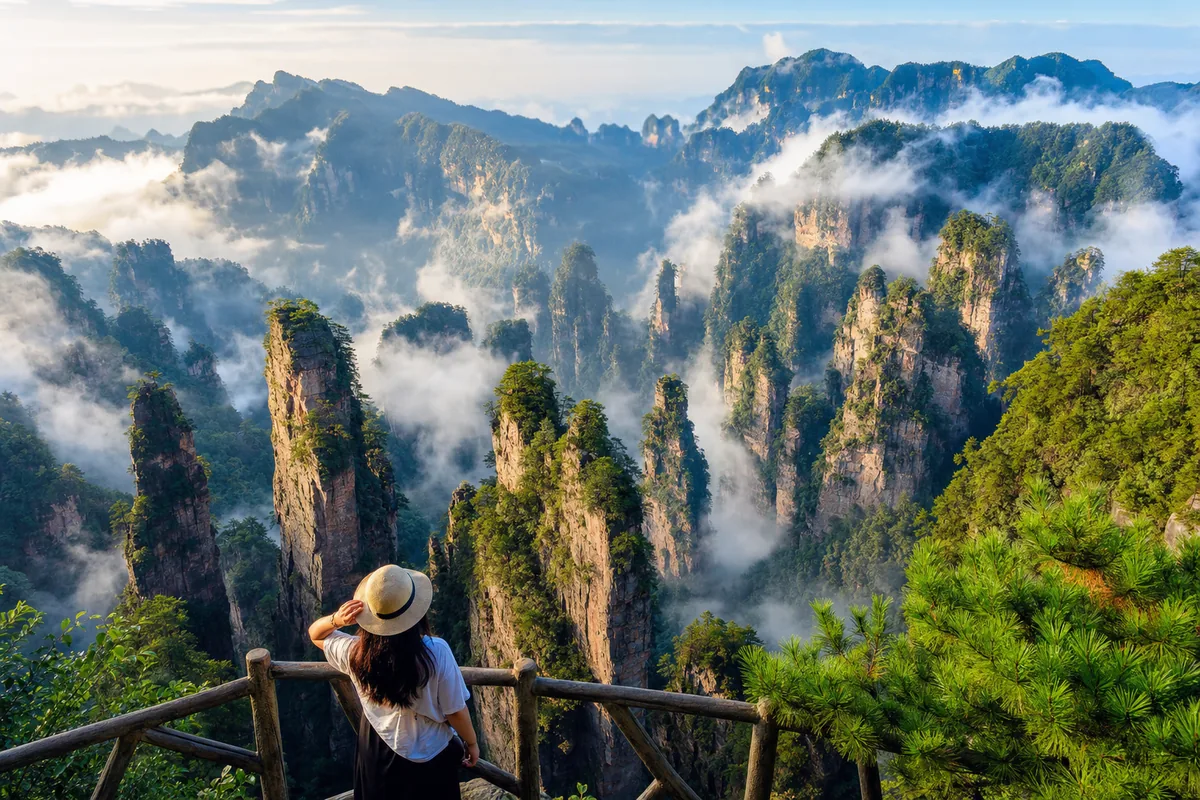 Towering sandstone pillars of Zhangjiajie reachable by fast train from Changsha