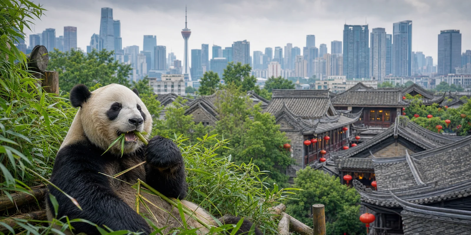 Giant panda in bamboo with the Chengdu city skyline behind, illustrating a Chengdu travel guide