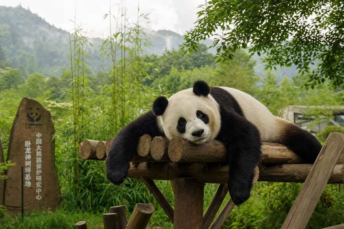 Giant panda resting on a wooden climbing frame at the Chengdu Panda Base