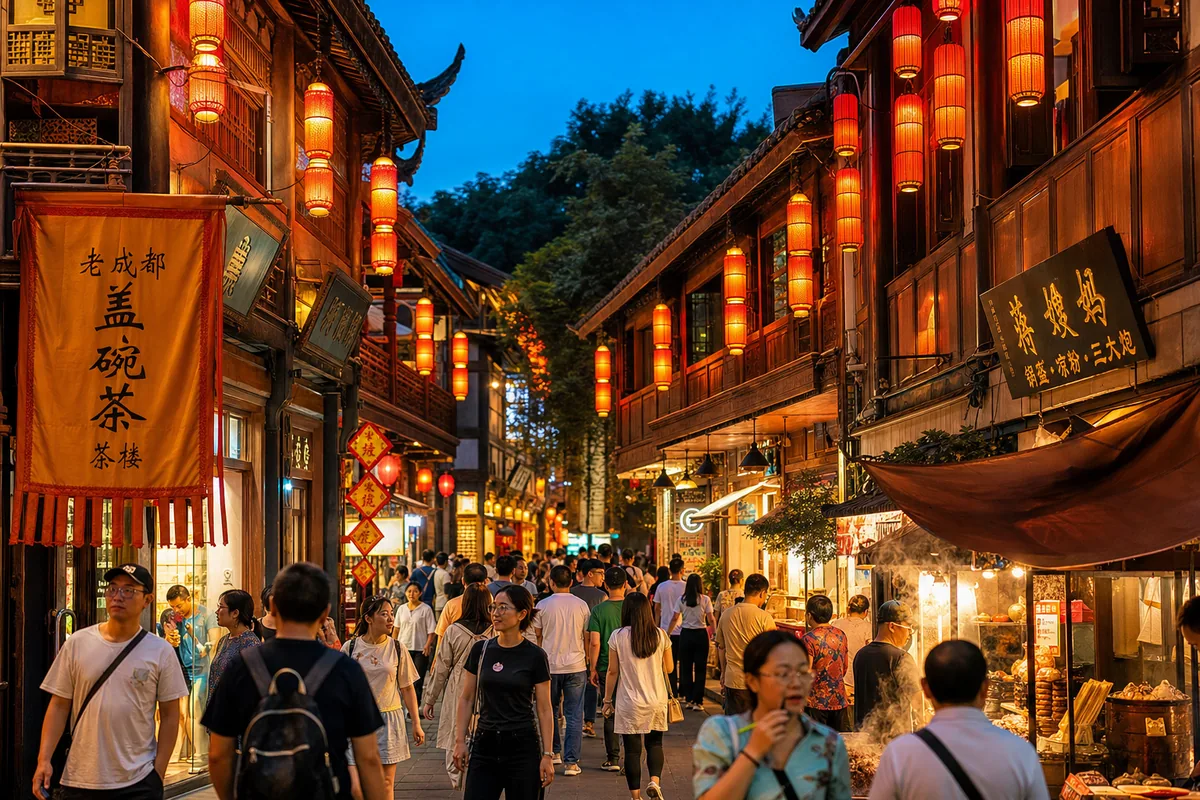 Jinli Ancient Street at night with red lanterns and wooden shopfronts