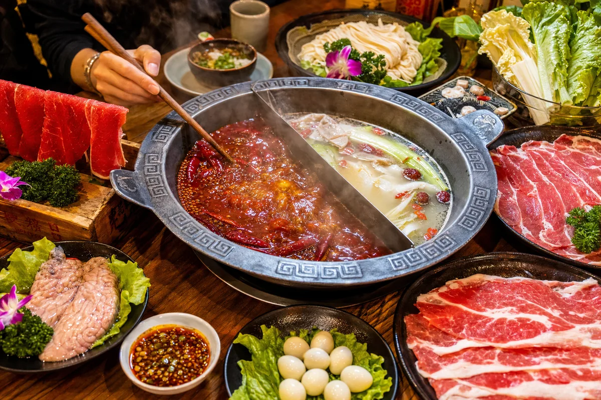 A bubbling split Sichuan hotpot with spicy chili oil broth surrounded by raw ingredients
