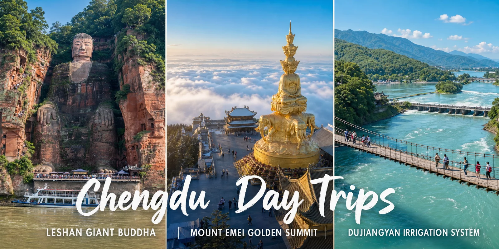 Chengdu day trips: Leshan Giant Buddha, Mount Emei summit and Dujiangyan irrigation system side by side